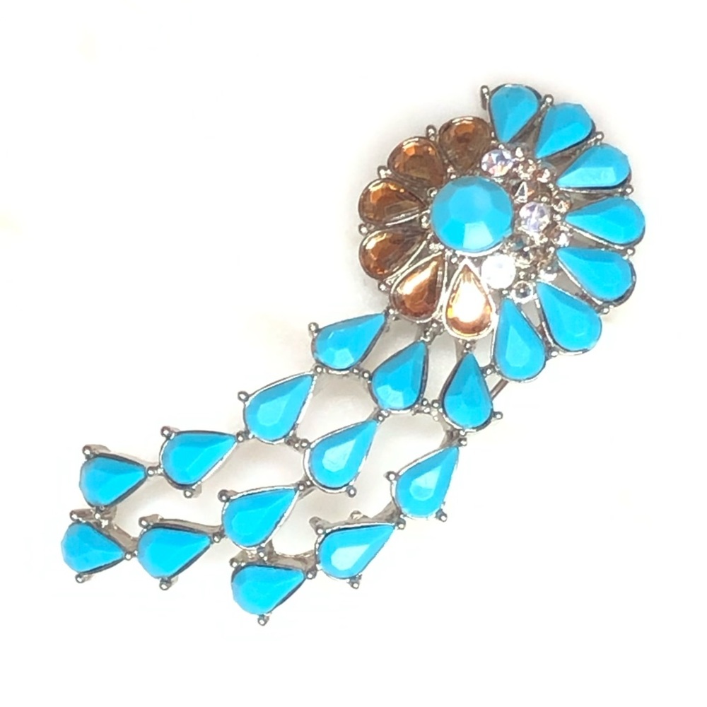 Unique Turquoise Tan Rhinestone Brooch - Picture 2 of 9